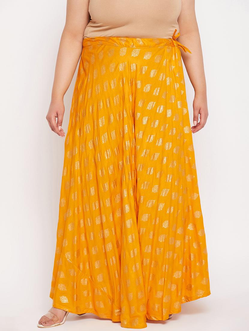 yellow printed flared long skirt