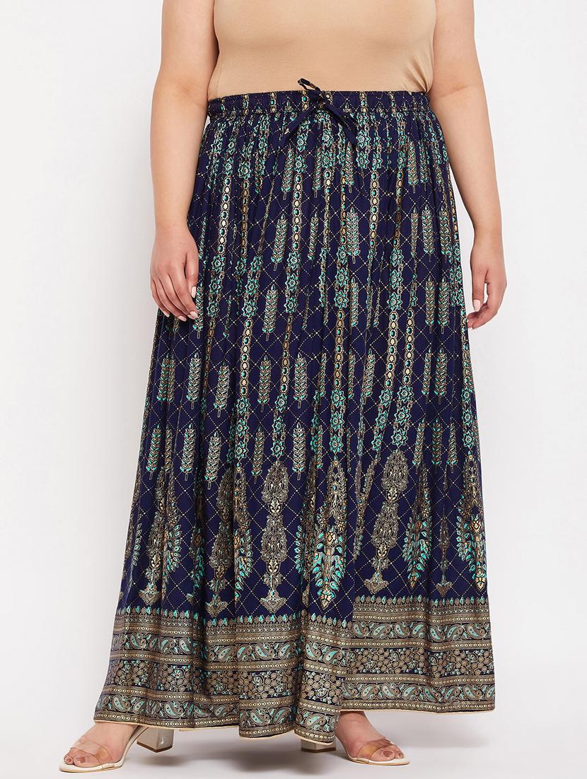 navy blue printed flared long skirt