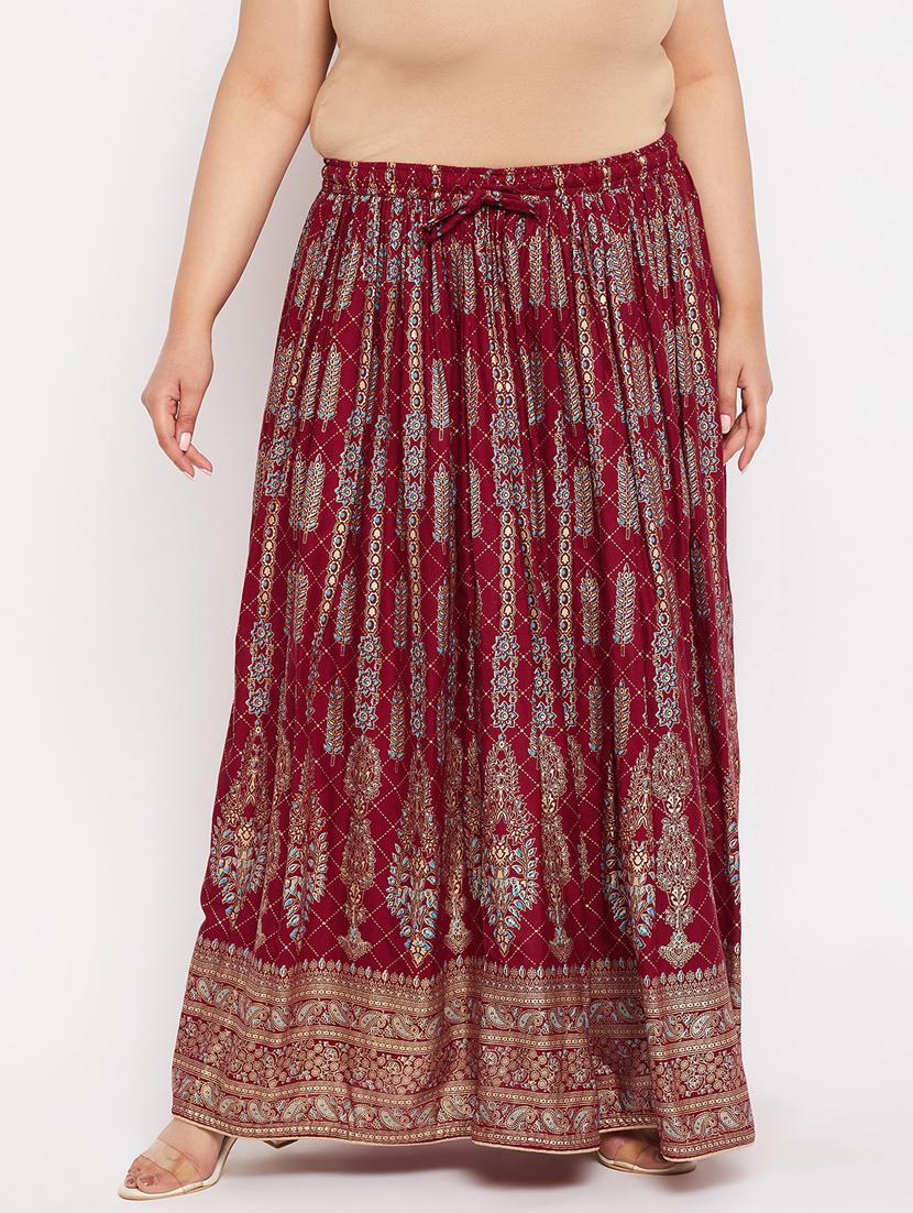 maroon printed flared long skirt