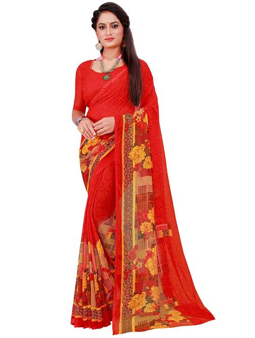 women's floral red colored saree with blouse - 19611557 - Very Small Image - 1