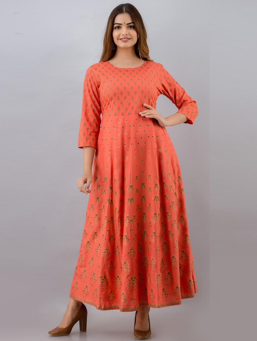 women mandarin collar printed flared kurta 