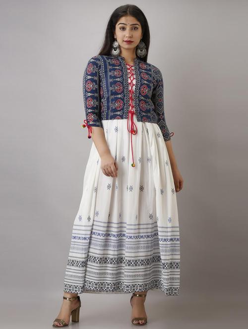 women boat neck printed flared kurta with jacket - 19693721 - Very Small Image - 1