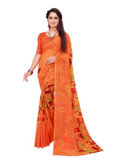 women's printed orange colored saree with blouse - 19727298 - Very Small Image - 1
