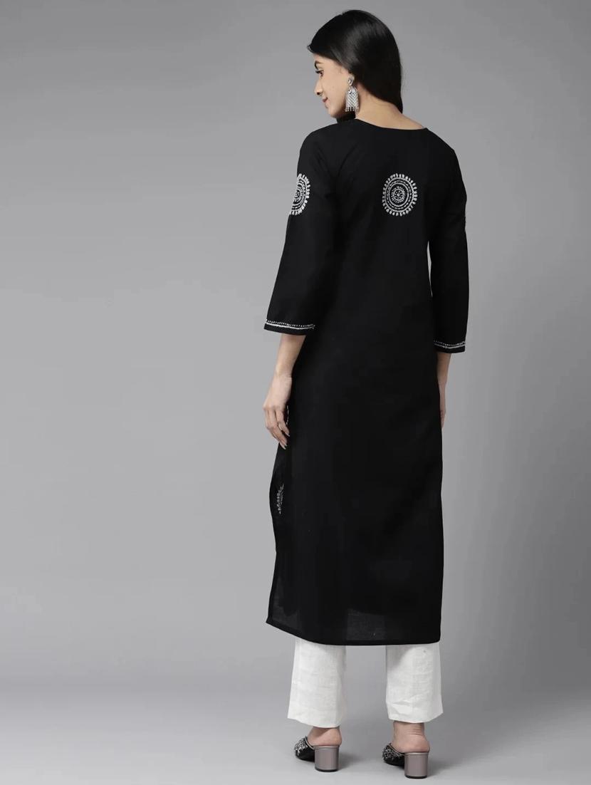 ada women's hand embroidered black & grey cotton lucknowi chikankari straight kurta - 19775806 - Zoom Image - 2