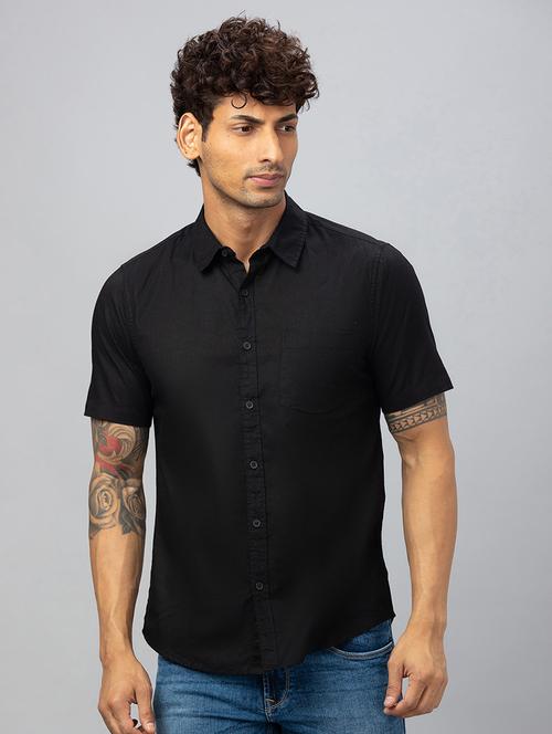 globus men black short sleeves cotton curved hem shirt with patch pocket - 19782651 - Very Small Image - 1