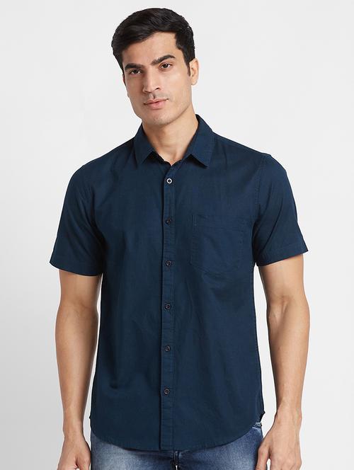 globus men blue opaque regular fit spread collar linen shirt - 19782657 - Very Small Image - 1