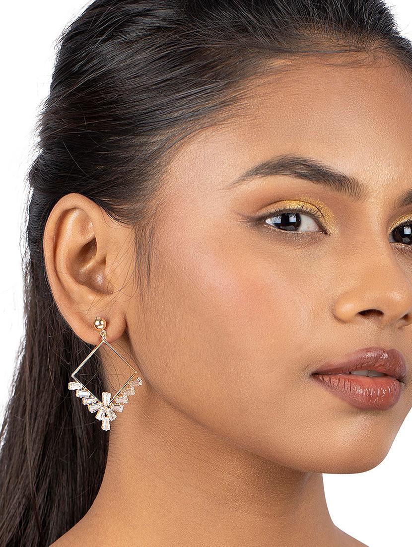 golden stone studded geometric theme drop earrings - 19839946 - Standard Image - 4