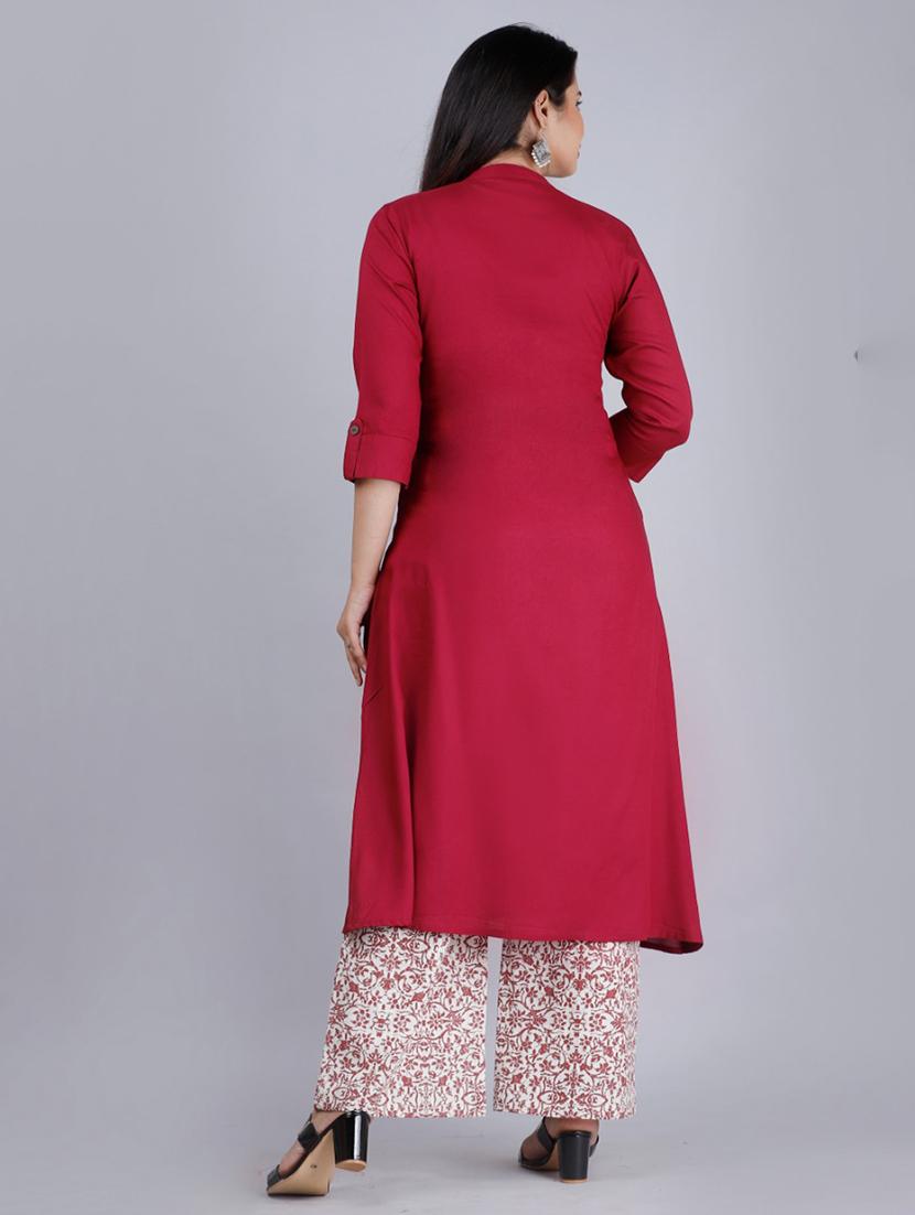 maroon solid three quarter sleeve kurta palazzo set - 19847399 - Standard Image - 2