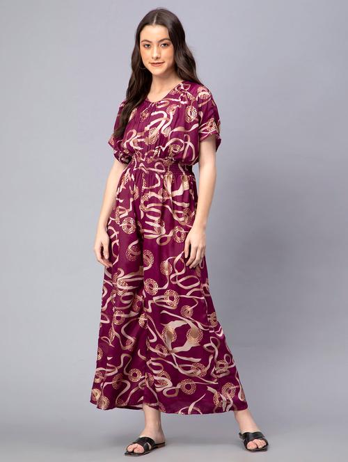 purple printed v-neck full leg jumpsuit - 19906157 - Very Small Image - 1