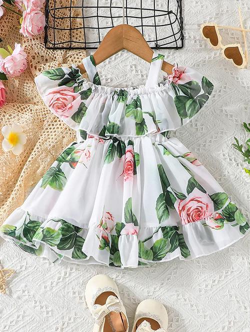 girls white floral printed cold shoulder frock - 19907833 - Very Small Image - 1