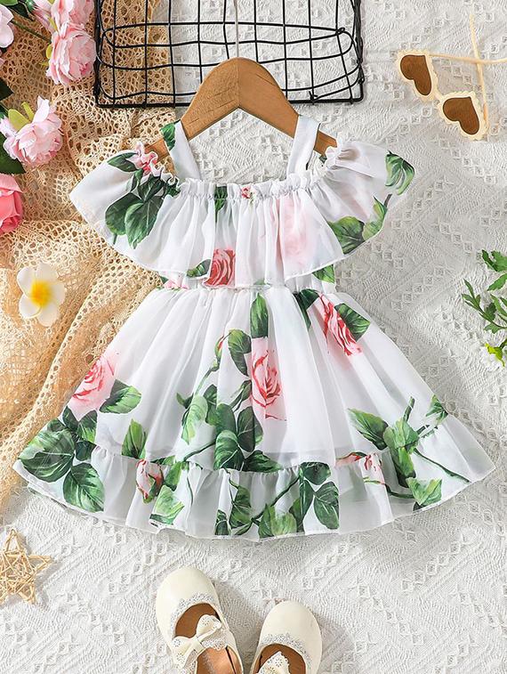 girls white floral printed cold shoulder frock