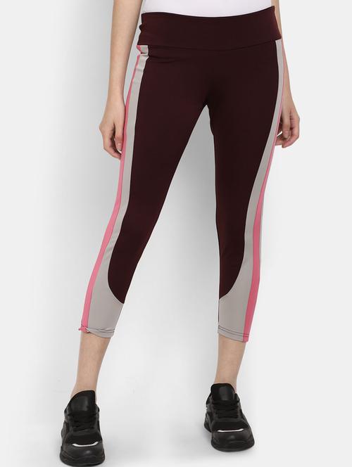 maroon color blocked ankle length tight - 19919492 - Very Small Image - 1