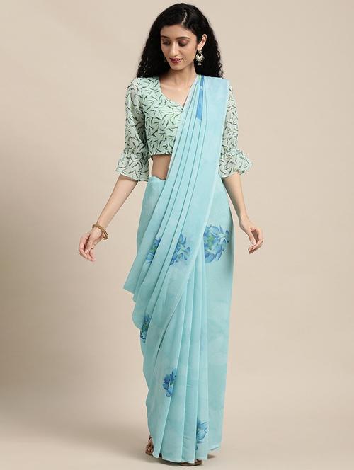 women's floral light blue colored saree with blouse - 19925184 - Standard Image - 0