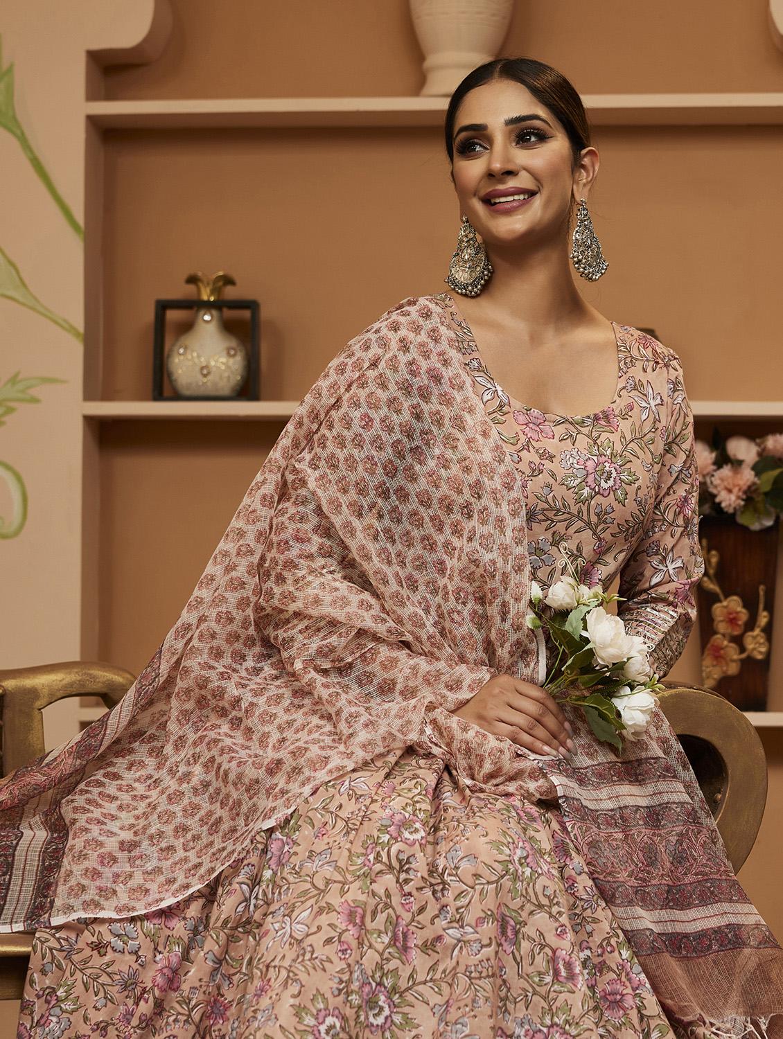 beige floral printed anarkali kurta pant with dupatta set - 19948724 - Standard Image - 3