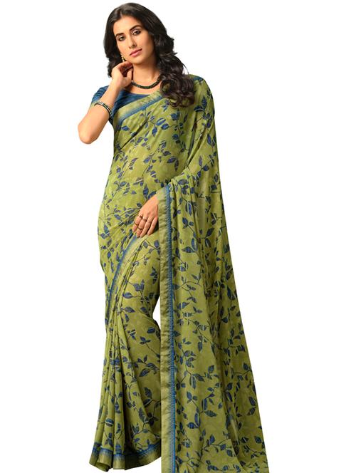 women's floral olive colored saree with blouse - 19954072 - Standard Image - 0