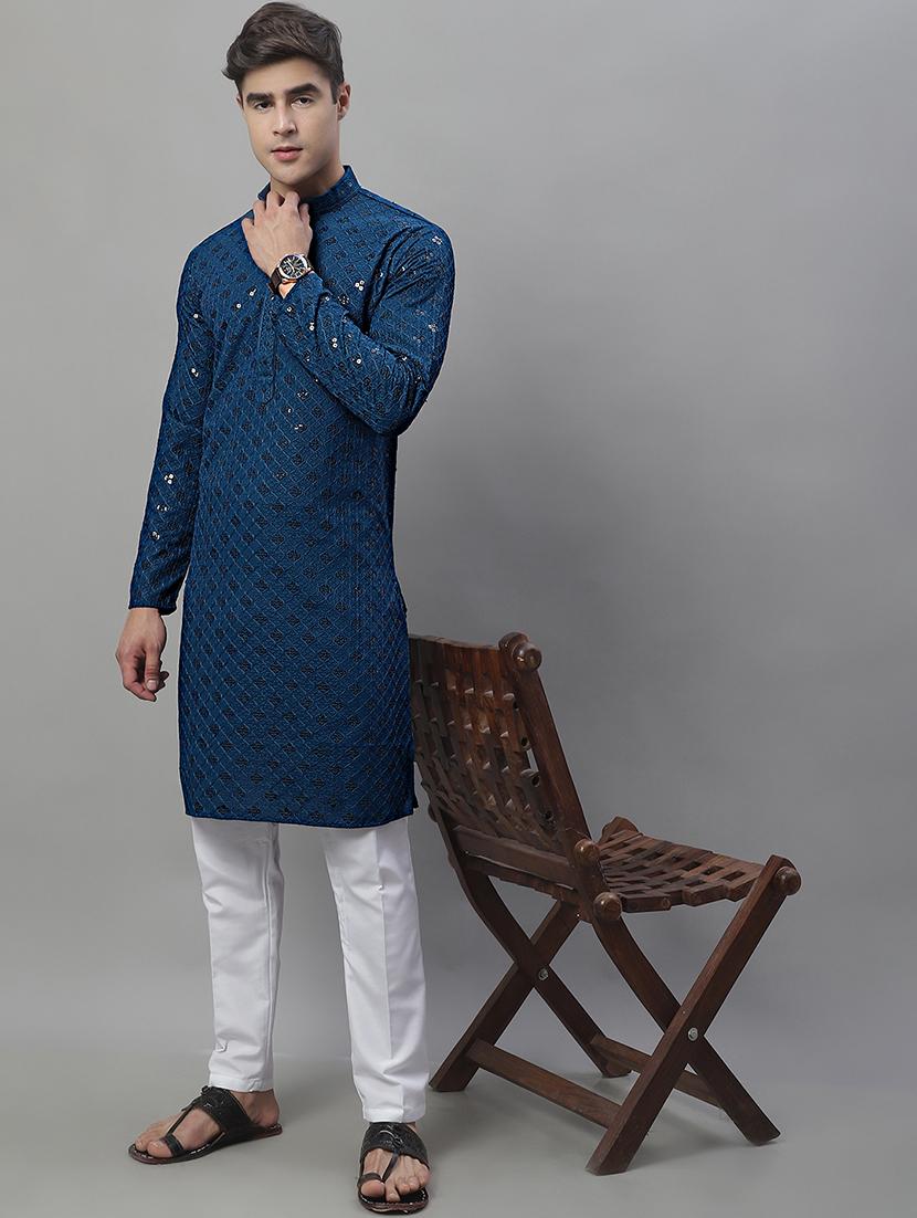 blue chikankari embroidered and sequin kurta pyjama. - 19969990 -  Zoom Image - 0