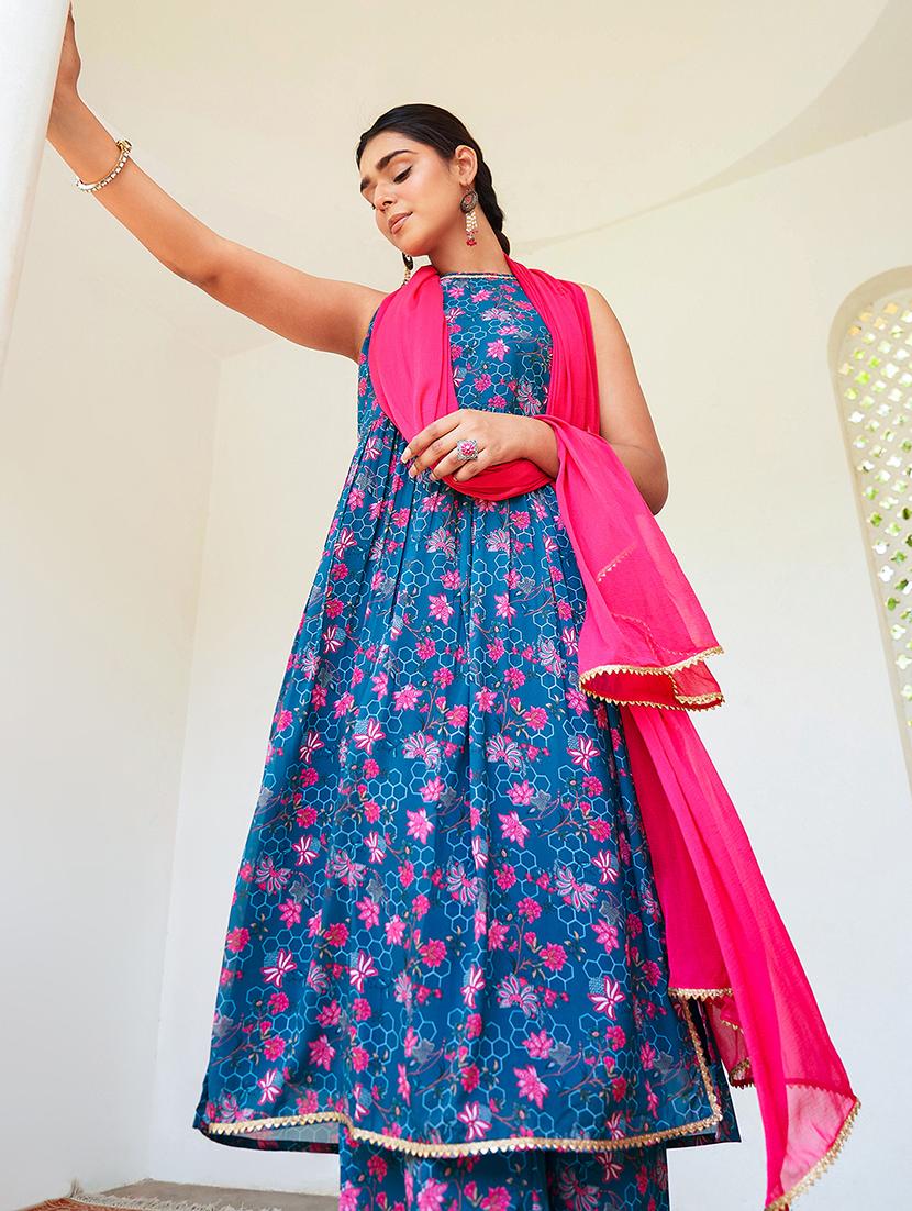 teal kurta palazzo set with dupatta - 20018573 - Zoom Image - 2