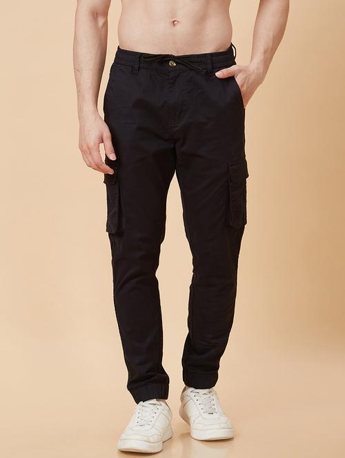 globus men black slim fit mid-rise pure cotton cargos - 20023035 - Very Small Image - 1