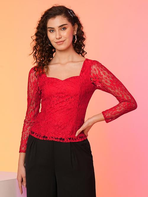 globus women red sweetheart neck smocked floral lace top - 20025297 - Very Small Image - 1