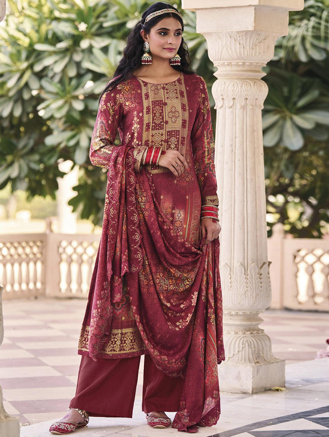 maroon round neck unstitched suits