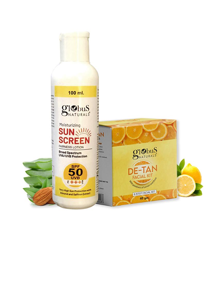 globus naturals moisturizing sunscreen lotion & de-tan facial kit combo, tan removal formula, for all skin types - 20033202 - Zoom Image - 0