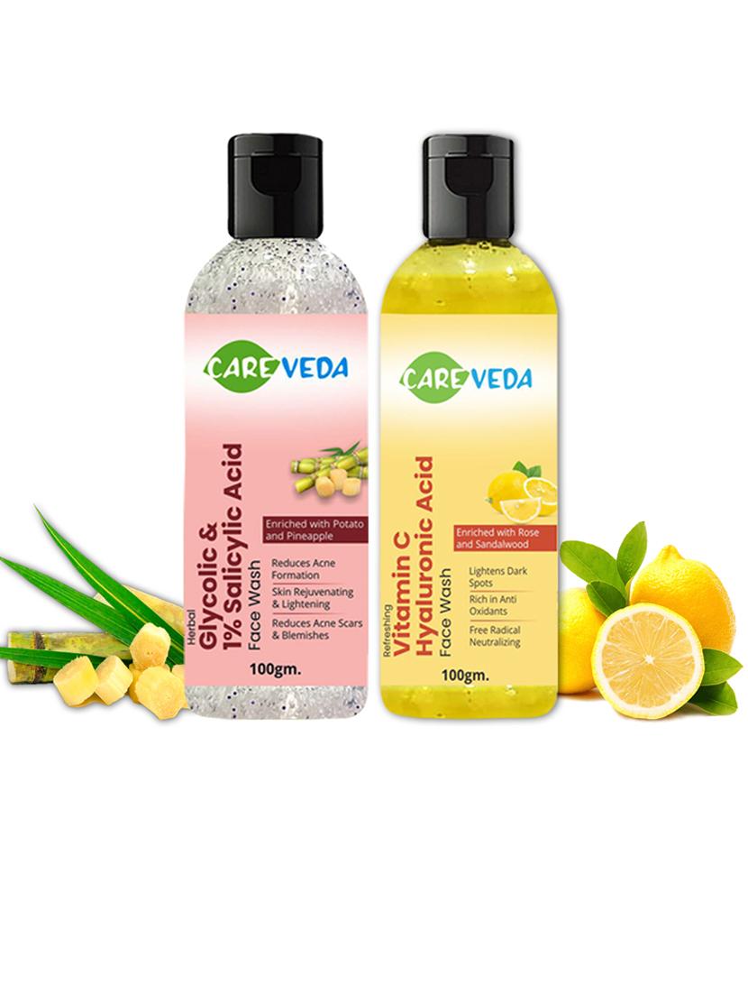 careveda glycolic & 1% salicylic acid face wash & vitamin c & hyaluronic acid face wash combo, set of 2 - 20033211 -  Standard Image - 1