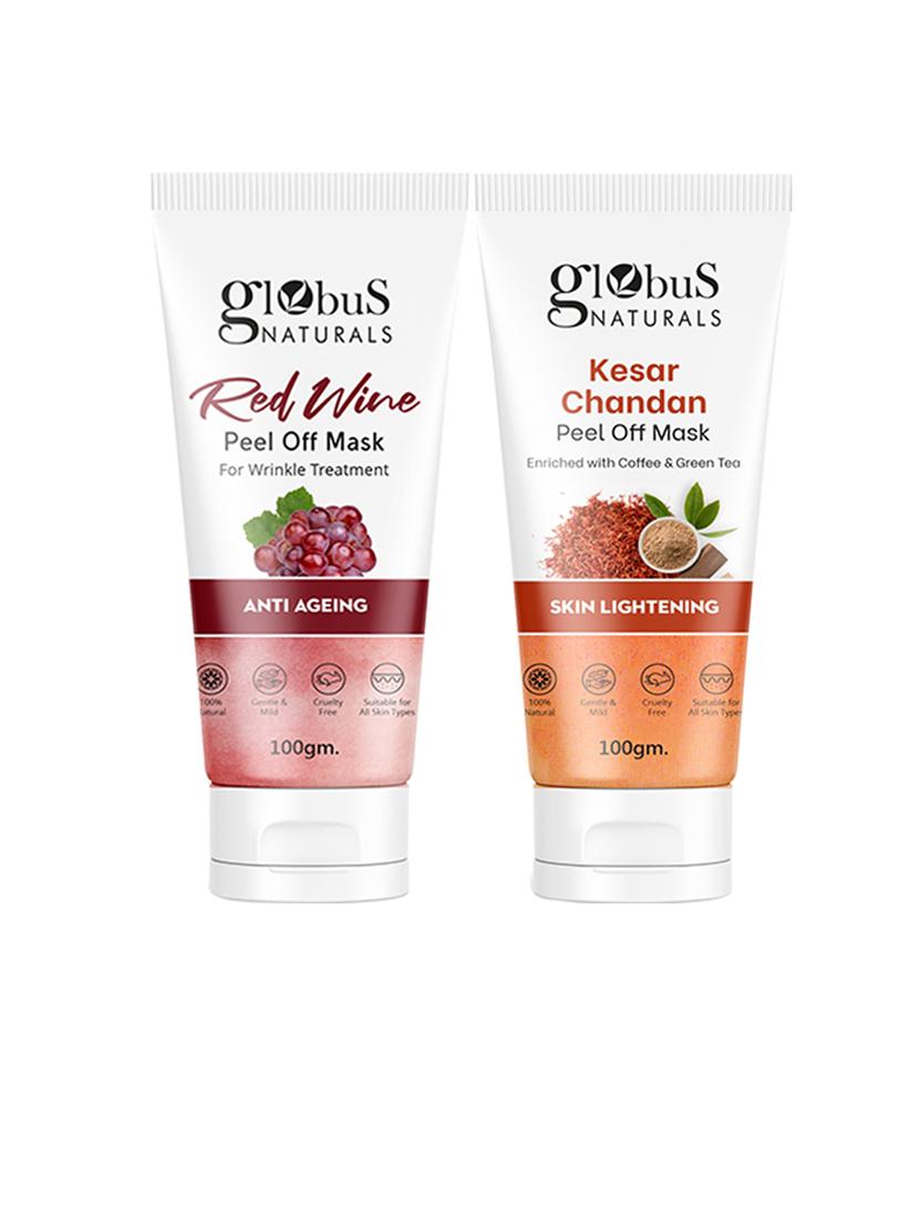 globus naturals radiance & glow peel off mask combo - kesar chandan & red wine peel off mask, 100 gm, set of 2 - 20033223 - Zoom Image - 0
