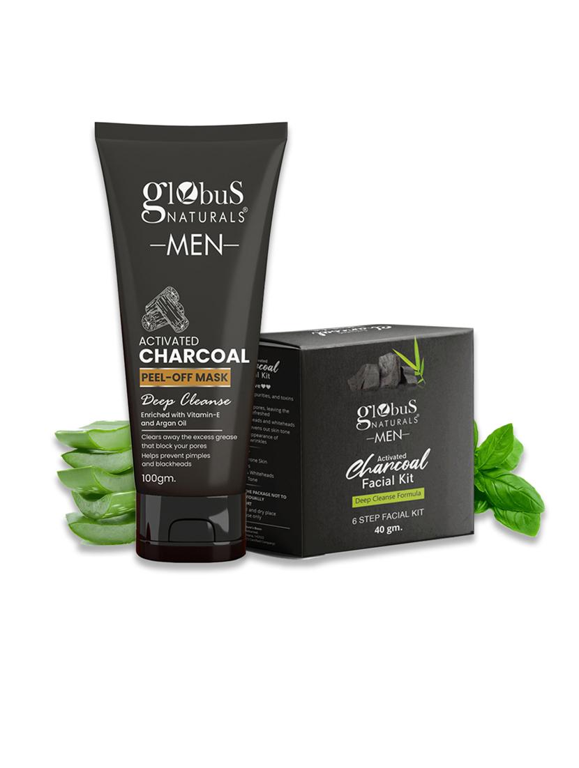 globus naturals charcoal men peel off mask 100 gm & facial kit combo 40 gm, anti pollution formula, for normal to oily skin