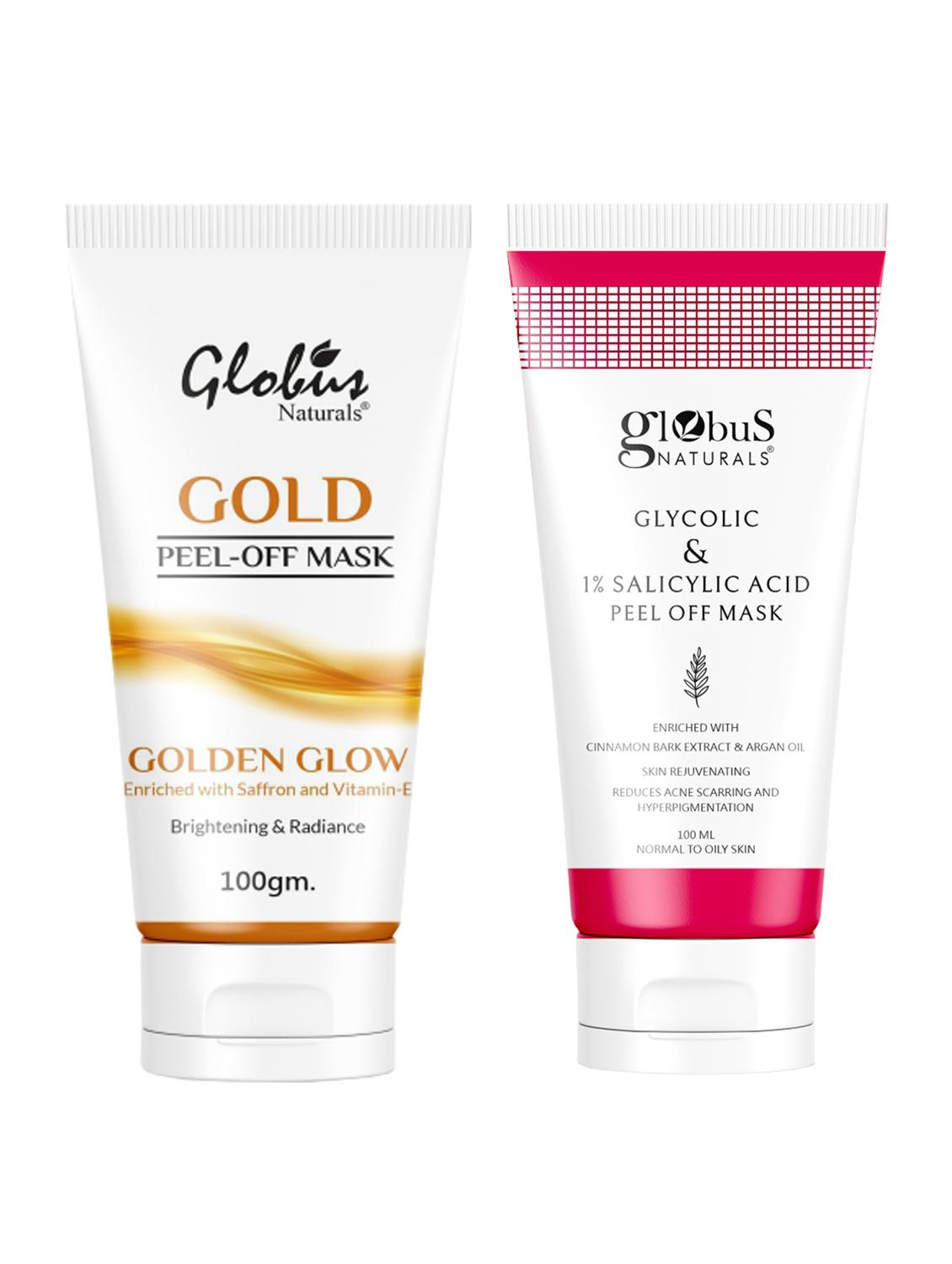 globus naturals brightening & anti acne peel off mask combo - glycolic & 1% salicylic acid & gold peel off mask- set of 2 - 20033364 -  Standard Image - 0