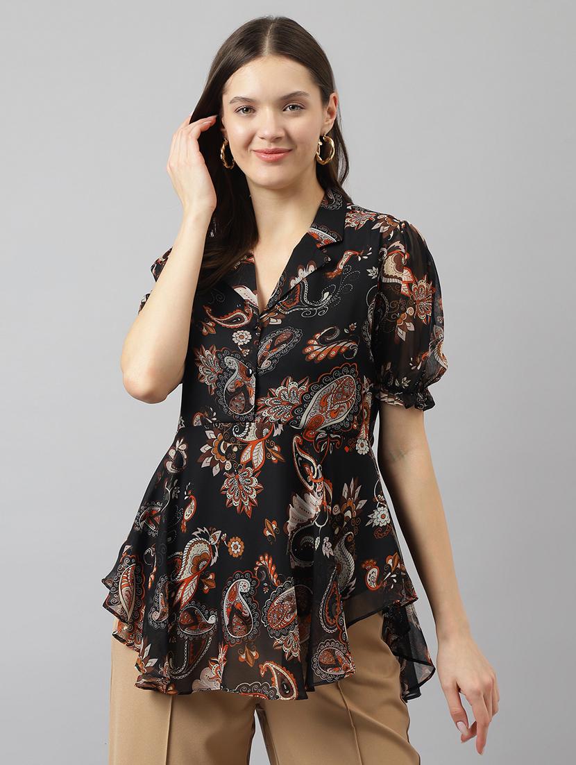 women black regualr fit asymmetric lapel neck top - 20088993 - Zoom Image - 0
