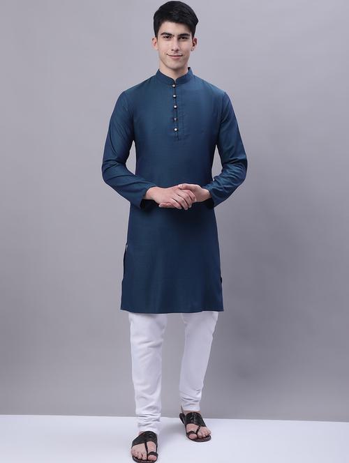 teal blue solid mandarin neck kurta - 20117385 - Very Small Image - 1
