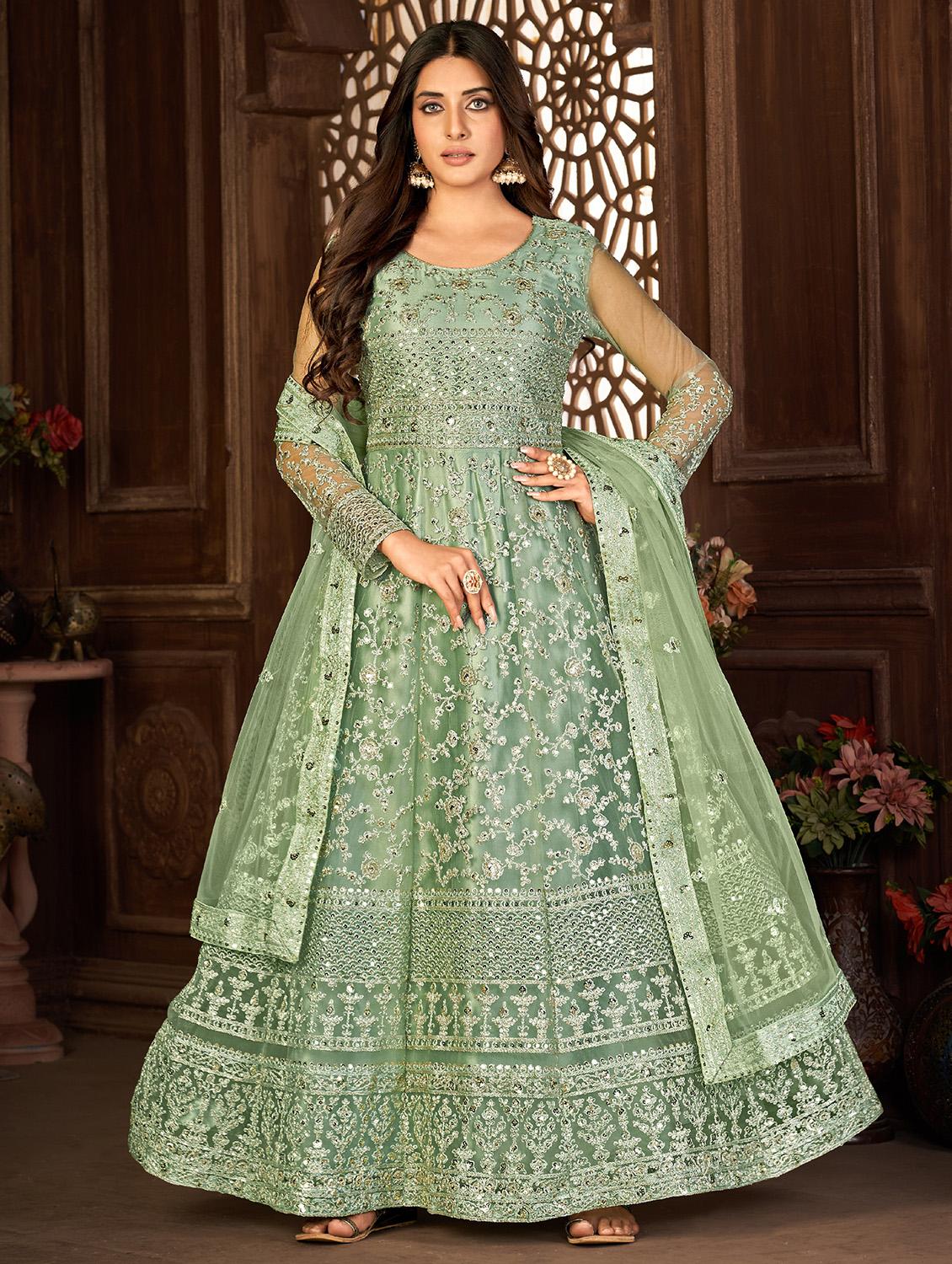 green embroidered kurta-skirt semi-stitched suit - 20135343 -  Zoom Image - 0