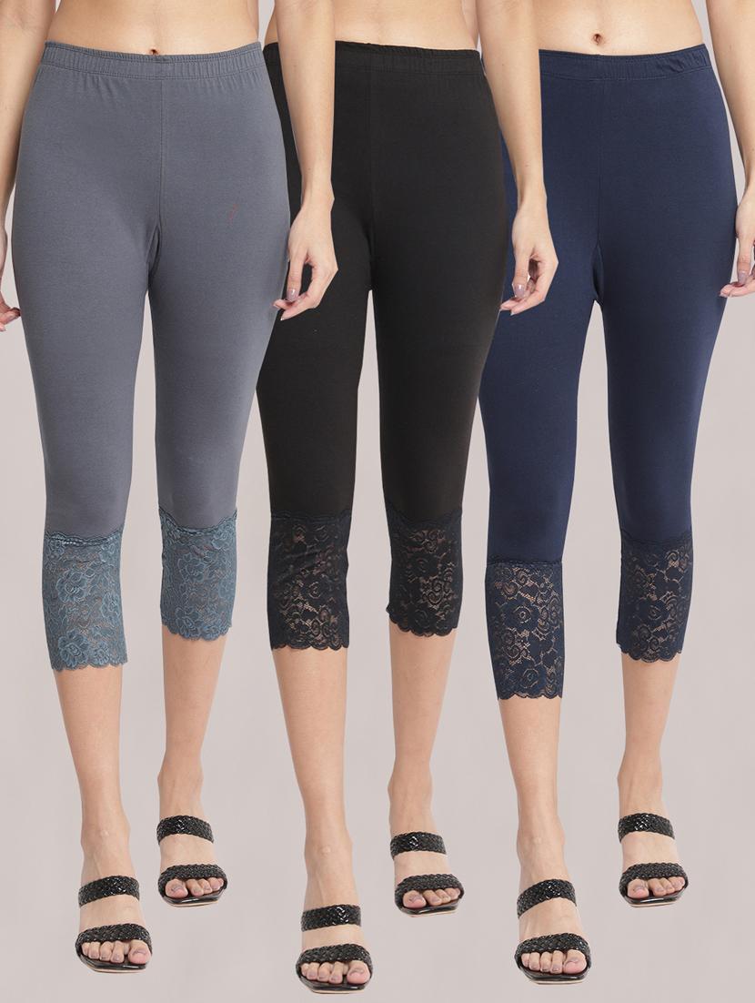 pack of 3 solid lace detailed capris - 20148499 - Zoom Image - 0