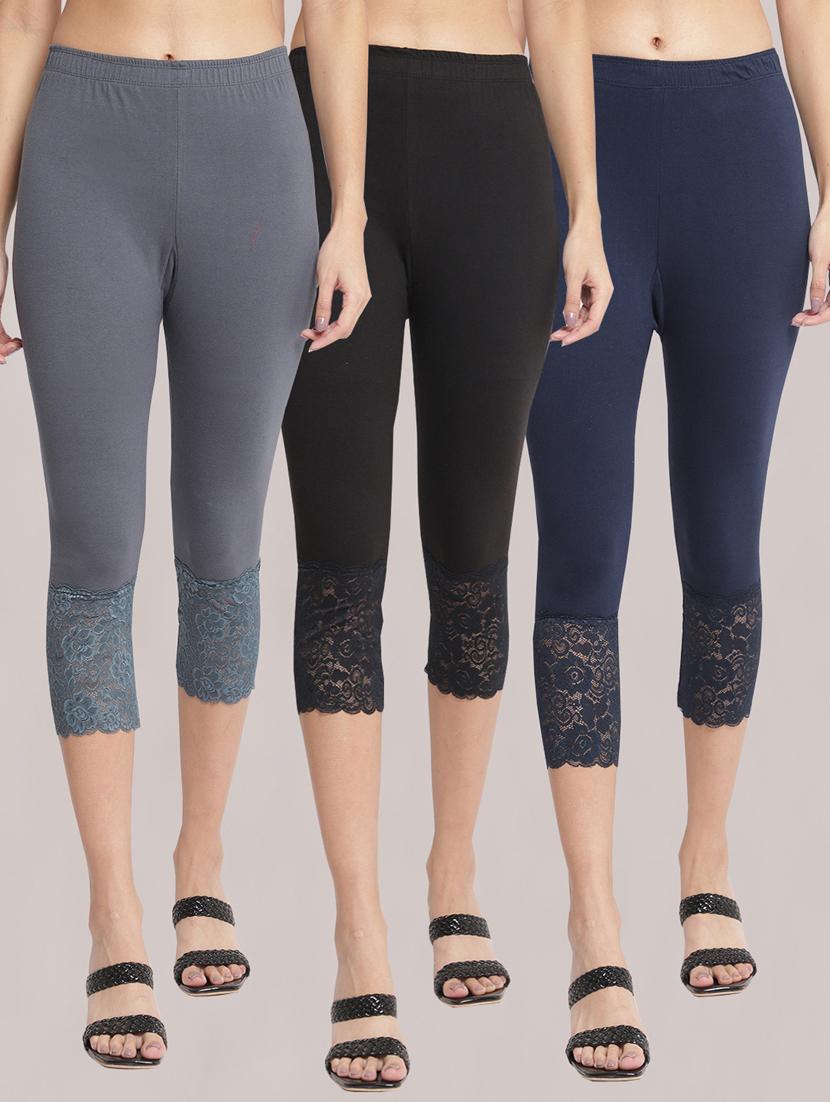 pack of 3 solid lace detailed capris - 20148499 -  Zoom Image - 0