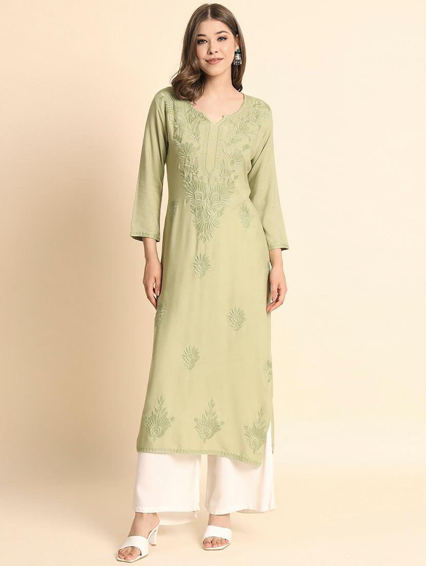 notch neck tonal embroidered straight kurta - 20152913 - Zoom Image - 0