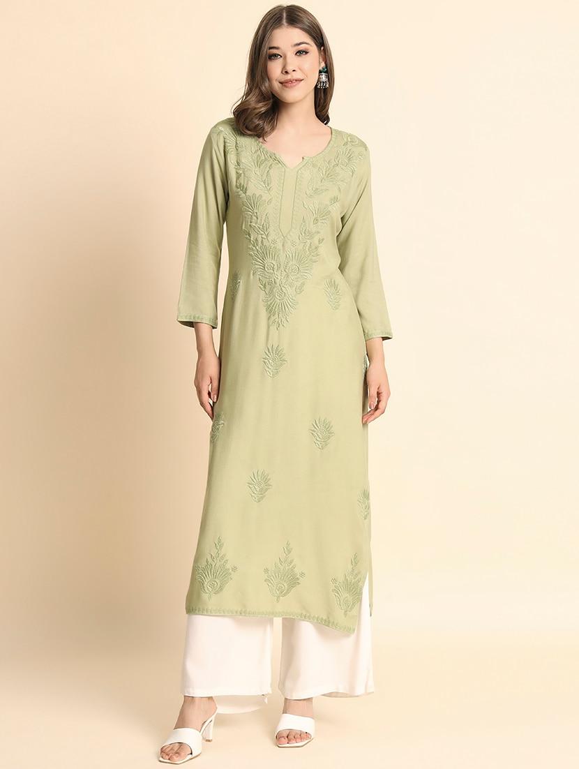 notch neck tonal embroidered straight kurta - 20152913 -  Zoom Image - 0