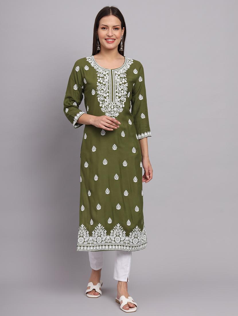 round neck embroidered straight kurta - 20152922 - Zoom Image - 0