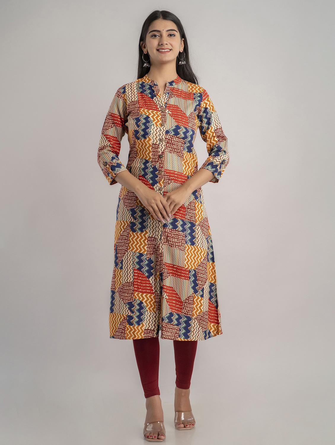 mandarin neck printed a-line kurta - 20154933 - Zoom Image - 0