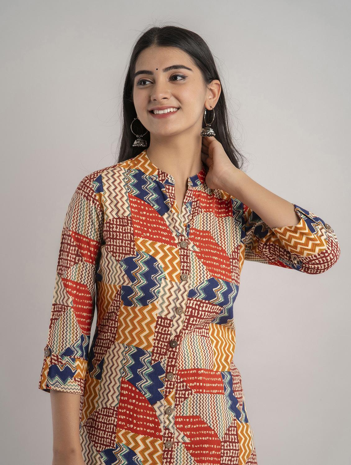 mandarin neck printed a-line kurta - 20154933 - Standard Image - 3