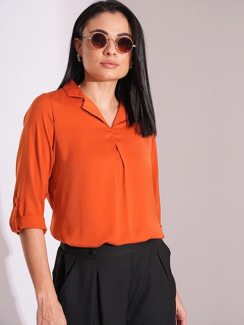 globus women rust collared roll up sleeve shirt style work wear top - 20158163 - Very Small Image - 1