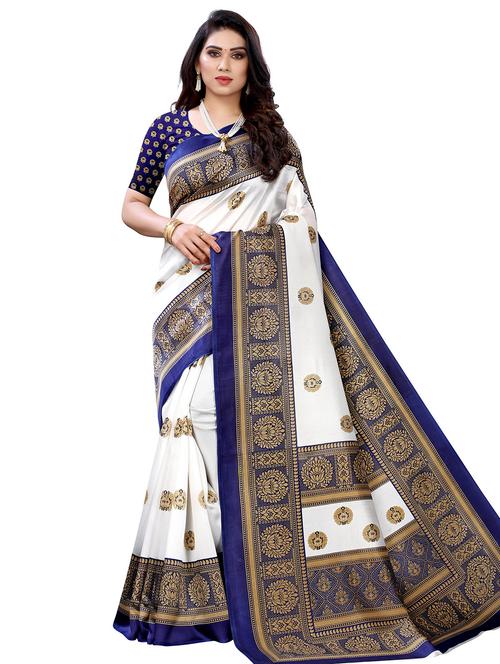 navy blue art silk printed saree with blouse - 20163243 - Very Small Image - 1