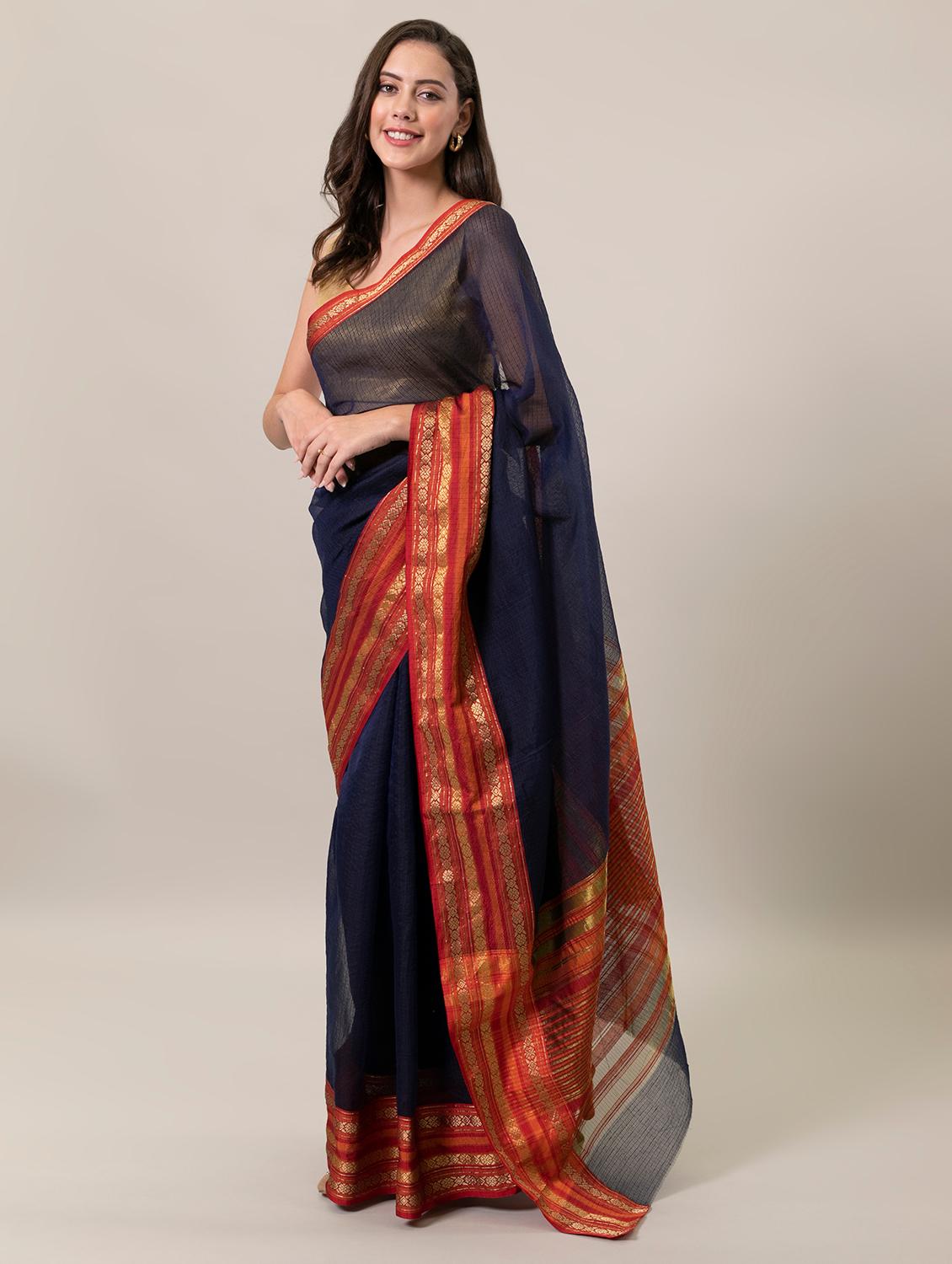 women's self design navy blue colored saree with blouse - 20168706 - Zoom Image - 0