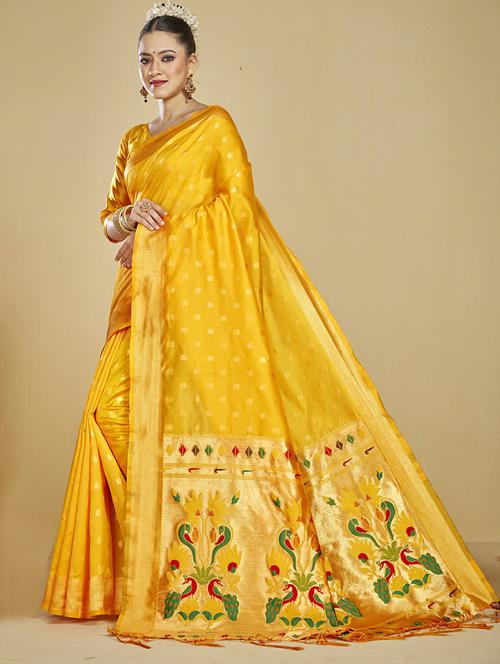 women's self design yellow colored saree with blouse - 20175629 - Very Small Image - 1