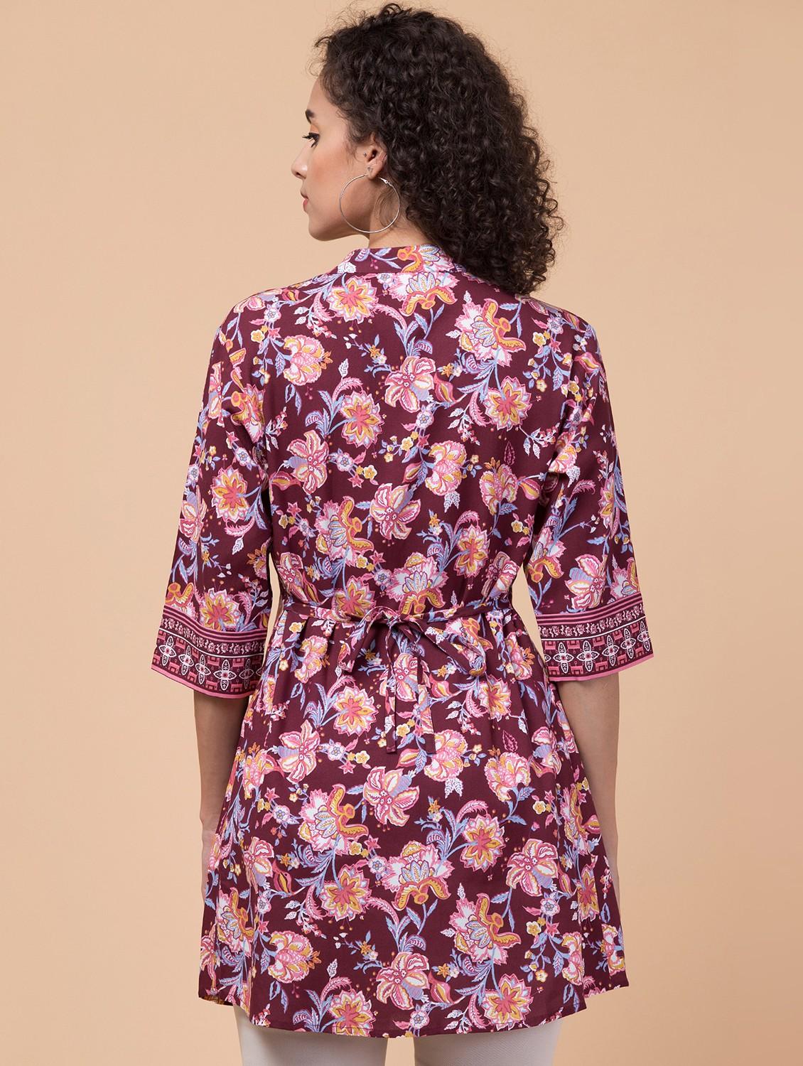 maroon floral print mandarin neck regular tunic - 20184721 - Standard Image - 3