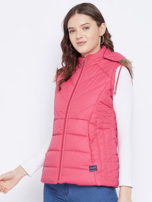 pink solid hooded sleeveless bomber jacket - 20184742 - Very Small Image - 1