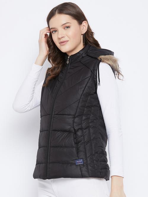black solid hooded sleeveless bomber jacket - 20184745 - Very Small Image - 1