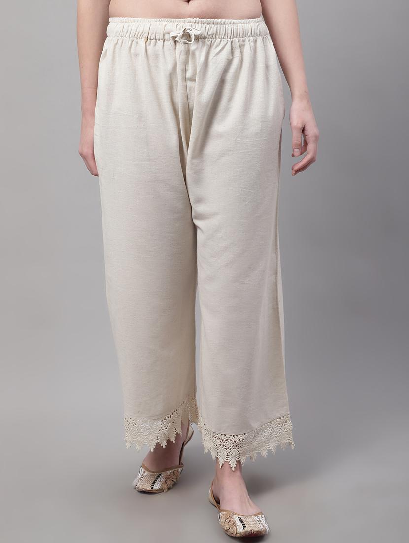 cream solid straight laced hem palazzo - 20188047 -  Zoom Image - 0