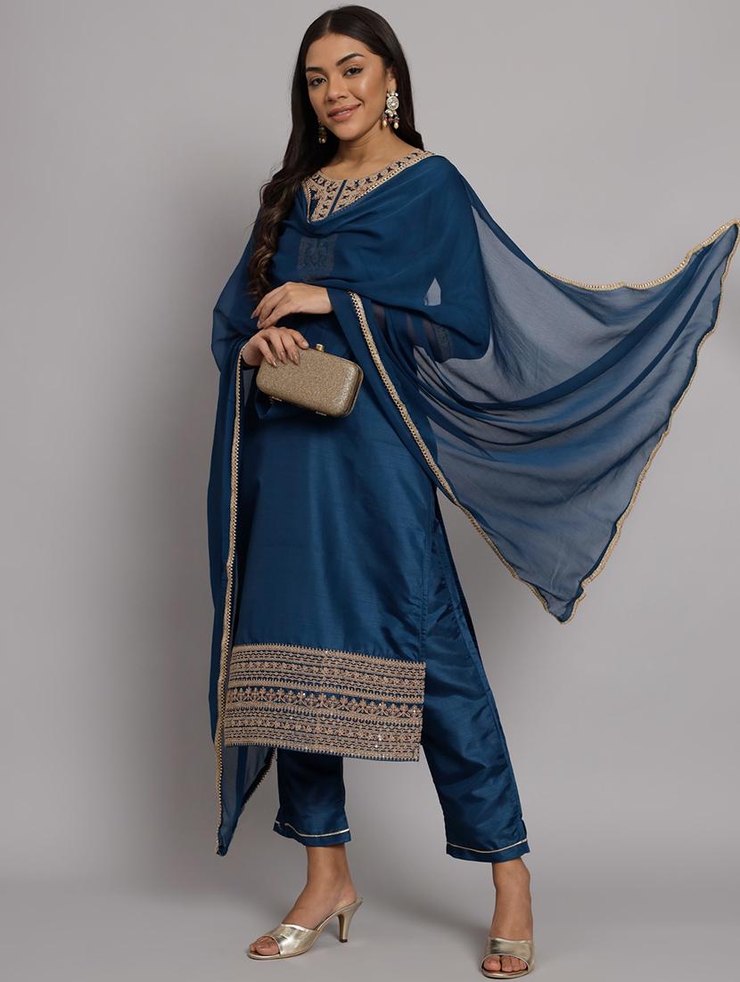 teal kurta pant set with dupatta - 20194148 - Zoom Image - 4