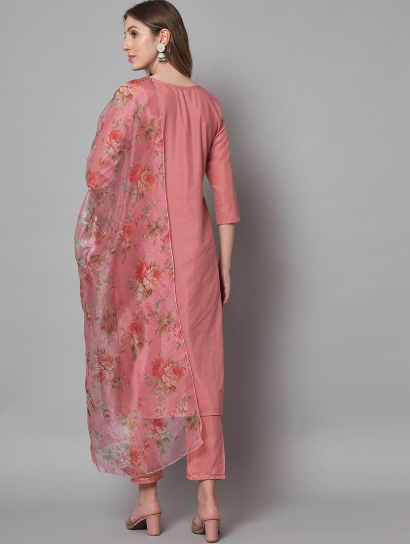 pink round neck kurta pant set with dupatta - 20195110 - Standard Image - 2