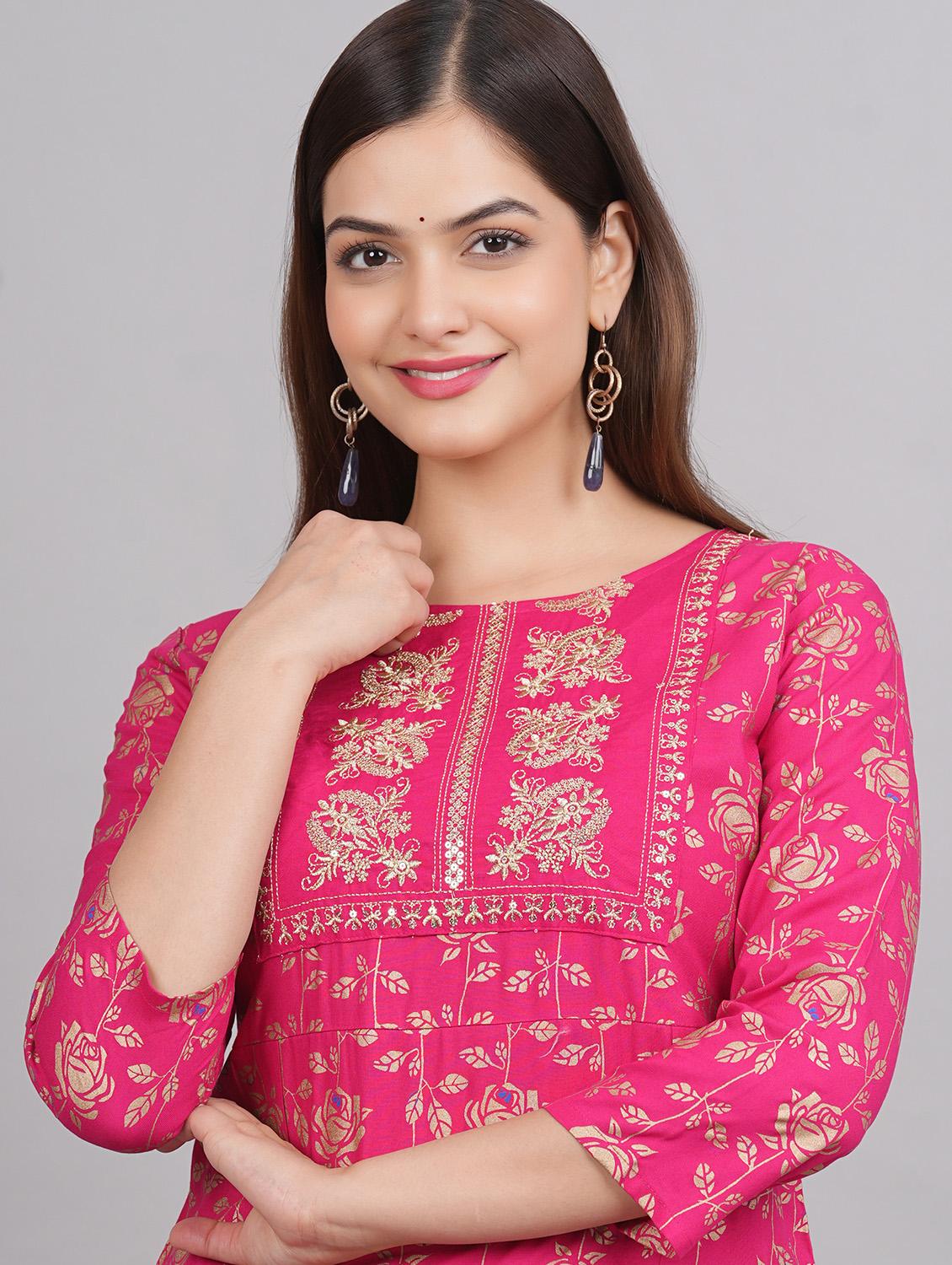 pink floral printed round neck straight kurta - 20215065 - Standard Image - 3